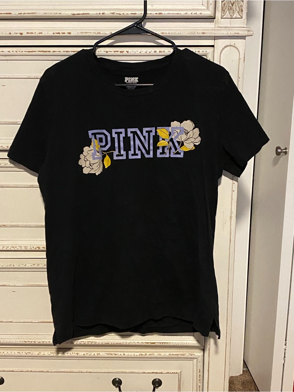 PINK Victoria's Secret Black Tee with Lavender Logo and Yellow Floral